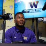 Washington linebacker Keishawn Bierria speaks at Pac-12 media day on July 26, 2017, in Los Angeles. (AP Photo/Mark J. Terrill)