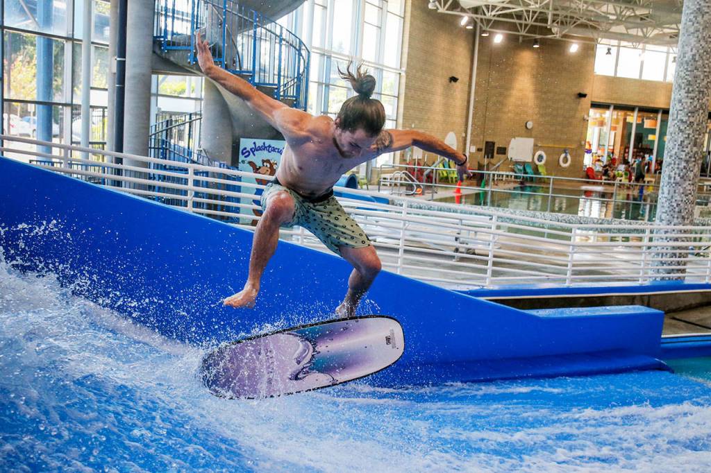 Scott Callens, a top FlowRider competitor on the USA Flow Tour, will compete in the pro-am event on July 29, 2017, at the Snohomish Aquatic Center. (Kevin Clark / The Herald)