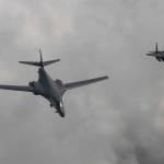 In this photo provided by South Korea Defense Ministry, a U.S. Air Force B-1B bomber, left, flies with a South Korean fighter jet F-15K over the Korean Peninsula, South Korea, Sunday, July 30, 2017. The United States flew two supersonic bombers over the Korean Peninsula on Sunday in a show of force against North Korea following the country&rsquo;s latest intercontinental ballistic missile test. (South Korea Defense Ministry via AP)
