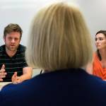 Senator Patty Murray listens as recovering addicts Army veteran Daniel Veach and mother Rachel Weaver (right) talk about the need for Medicaid to continue their recovery at the Community Health Center of Snohomish County on Thursday in Everett. (Andy Bronson / The Herald)