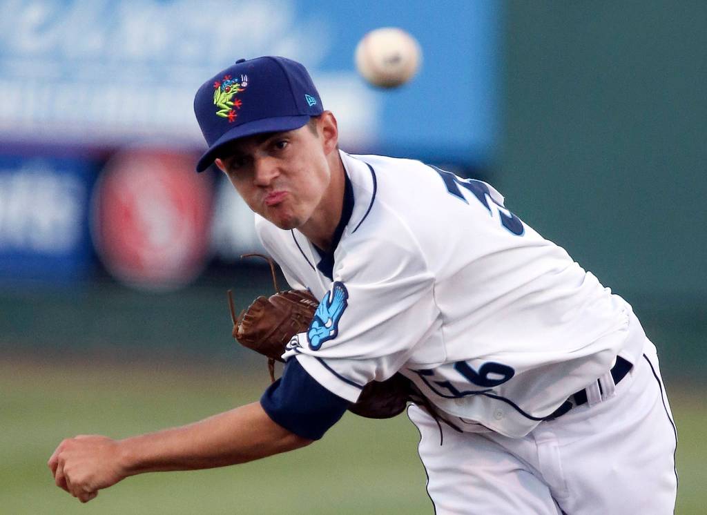 David Hesslink throws a pitch against the Vancouver Canadians at Everett Memorial Stadium on June 26. (Kevin Clark / The Herald)