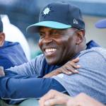 Alvin Davis smiles in the Aquasox dugout Wednesday night at Everett Memorial Stadium. (Kevin Clark / The Herald)
