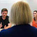 Sen. Patty Murray listens as recovering addicts Daniel Veach and Rachel Weaver talk about the need for Medicaid to continue their recovery at the Community Health Center of Snohomish County on Thursday in Everett. The U.S. Senate is preparing to vote on a health care bill that, among other steps, could slash funding for both Medicaid and opiate abuse treatment. (Andy Bronson / The Herald)