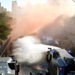 Police uses water canons during a protest against the G-20 summit in Hamburg, northern Germany on Thursday. The leaders of the group of 20 meet July 7 and 8. (AP Photo/Michael Probst)
