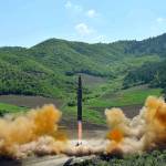 This photo distributed by the North Korean government shows what was said to be the launch of a Hwasong-14 intercontinental ballistic missile earlier this month. (Korea News Service)