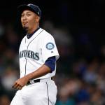 Mariners pitcher Edwin Diaz walks off the field after the ninth inning of a game against the Tigers on June 20, 2017, in Seattle. (AP Photo/Lindsey Wasson)