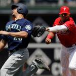 Phillies second baseman Cesar Hernandez (right) tags out the Mariners&rsquo; Danny Valencia on a fielder&rsquo;s choice during the third inning of a game May 10, 2017, in Philadelphia. (AP Photo/Matt Slocum)