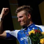 German sprinter Marcel Kittel celebrates on the podium after winning the seventh stage of the Tour de France on July 7, 2017, in Nuits-Saint-Georges, France. (AP Photo/Christophe Ena)