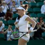 Madison Brengle of the United States celebrates after beating Petra Kvitova of the Czech Republic in their singles match July 5, 2017, at the Wimbledon Tennis Championships in London. (AP Photo/Kirsty Wigglesworth)