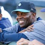 Mariners roving minor league instructor Alvin Davis smiles in the Aquasox dugout during a game July 5, 2017, at Everett Memorial Stadium. (Kevin Clark / The Herald)