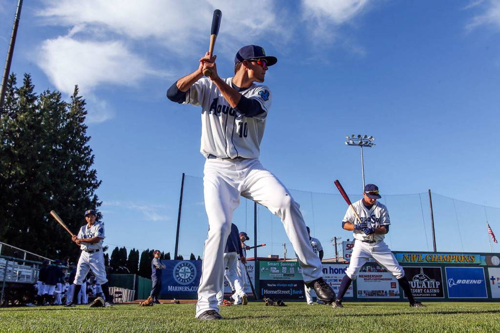 AquaSox first baseman Evan White warms up before a game against Canadians on June 27 2017, at Everett Memorial Stadium in Everett. (Kevin Clark / The Herald)