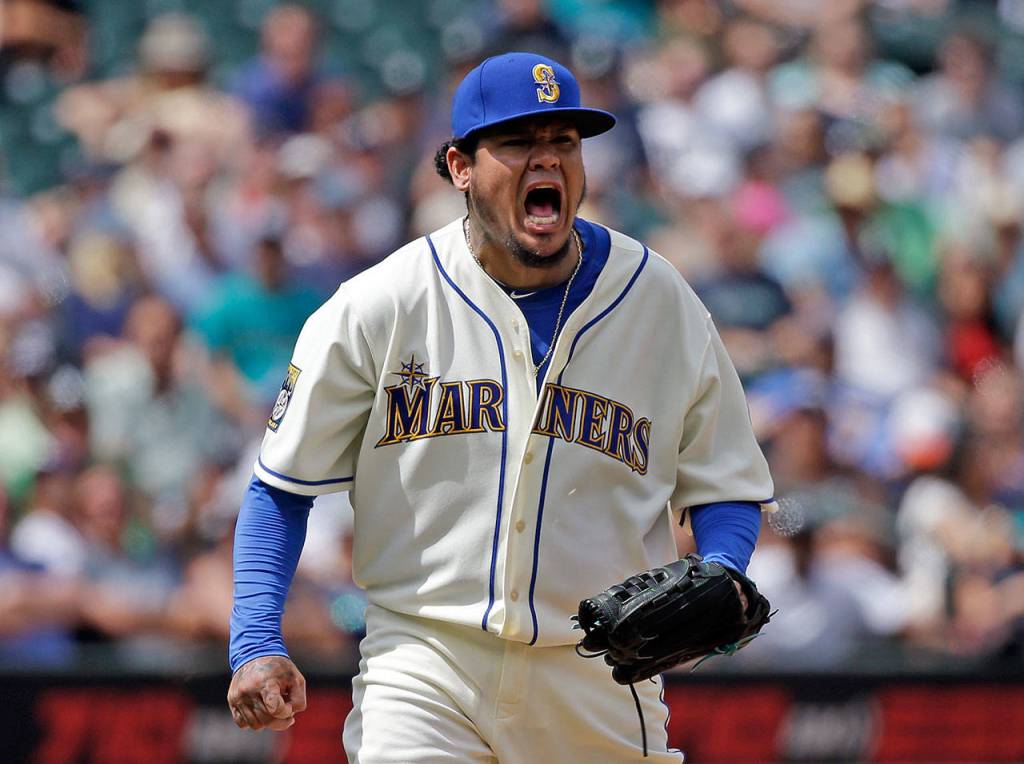 Seattle Mariners starting pitcher Felix Hernandez turns and lets out a yell after striking out Oakland Athletics&rsquo; Jed Lowrie to end the top of the sixth inning of a baseball game, Sunday, July 9, 2017, in Seattle. (AP Photo/Elaine Thompson)