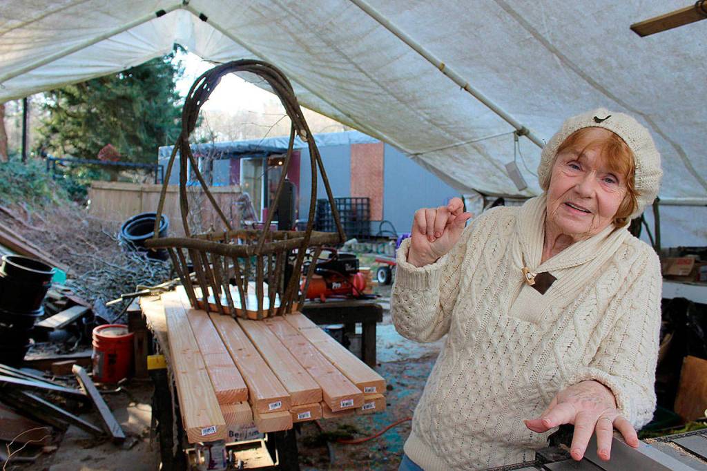 Vanca Lumsden, 74, a Freeland artist who makes baskets and chairs from willow branches and old wood, says of aging on Whidbey Island: &ldquo;You have a laid-back lifestyle, but you aren&rsquo;t so far out of touch you stagnate.&rdquo; (Patricia Guthrie/Whidbey News-Times)