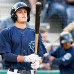 AquaSox first baseman Evan White prepares for his turn at bat against the Canadians on June 28, 2017, at Everett Memorial Stadium in Everett. (Kevin Clark / The Herald)