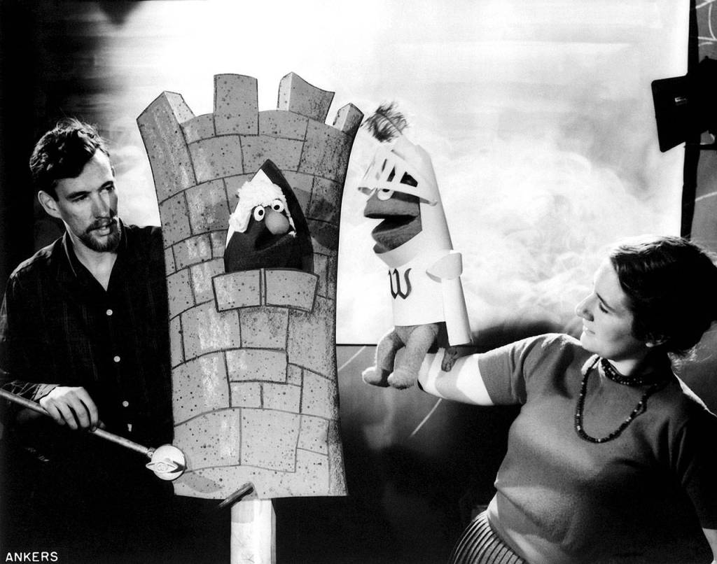 Jim and Jane Henson on the set during the filming of a Wilkins Coffee commercial in 1960. The nine-second commercials were so successful that more than 200 eventually were produced. (Photo by Del Ankers / courtesy of The Jim Henson Company)