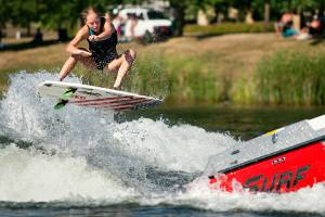 At the 2017 Northwest Wake Surf Open, held July 14-16 on Lake Tye in Monroe, about 95 amateur and professional wakesurfers of all ages competed for $10,000 in prize money. The event was sponsored by INT League. (Courtesy INT League/Photo by Burton B. Cooper)