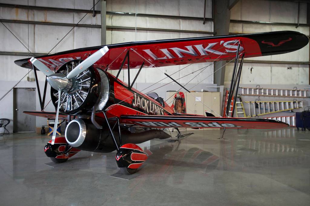 The Jack Link&rsquo;s &ldquo;Screamin&rsquo; Sasquatch&rdquo; Jet Waco biplane is seen at Boeing Field in Seattle on Thursday, Aug. 3. (Ian Terry / The Herald)