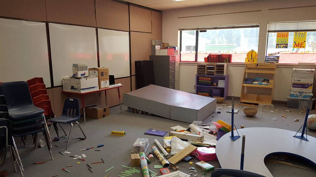 Vandals broke into Darrington schools over the weekend. They caused hundreds of thousands of dollars in damages at the elementary school, and lesser damage at the high school. Nearly every interior window in Darrington Elementary was shattered. There was flooding, graffiti and discharged fire extinguishers. (Courtesy of Darrington School District)