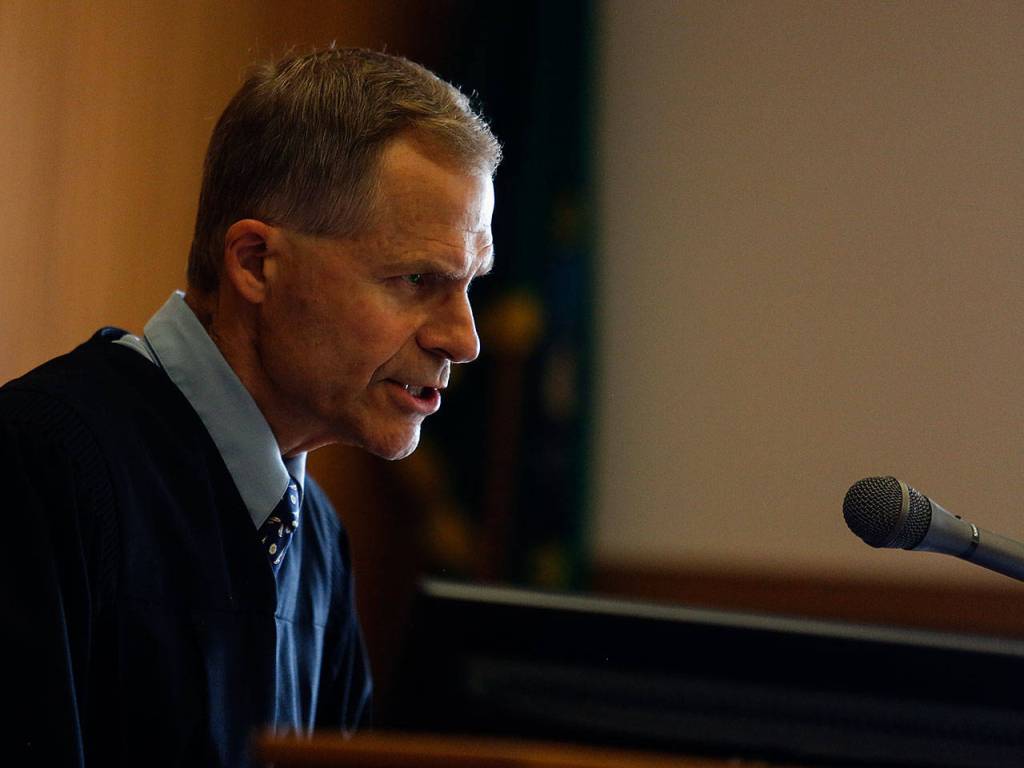 Superior Court Judge David Kurtz tells convicted murderer John Derosia that he will spend the rest of his life in prison, and that it is what he deserves. (Dan Bates / The Herald)