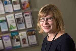 Christine Vervitsiotis, one of the lead counselors, at Homage Senior Services, on Wednesday, Aug. 9, 2017 in Lynnwood, Wa. She facilitates the counseling sessions and helps senior clients develop strategies for mental health treatment. (Andy Bronson / The Herald)