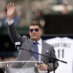 Edgar Martinez waves as he concludes his remarks at a ceremony retiring his No. 11 before a Saturday&rsquo;s game at Safeco Field. (AP Photo/Elaine Thompson)