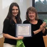 Edmonds Community College Foundation board member Libby Lewis (right) congratulates Lamija Secerbegovic on her $10,000 full-ride scholarship. (Contributed photo)