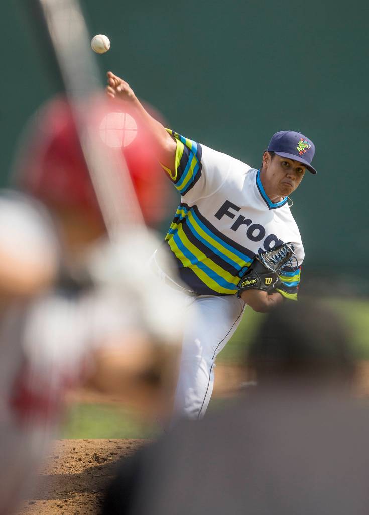 Andres Torres of the Everett AquaSox pitches against the Spokane Indians on Kids Day, Aug. 10, in Everett. (Andy Bronson / The Herald)