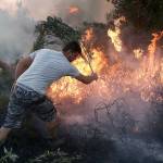 Residents and volunteers wield branches as they try to extinguish a forest fire at Kalamos village, north of Athens, on Sunday. A total of 53 wildfires broke out in Greece Saturday and more have done so Sunday, including on the beach resort of Kalamos near Athens. (AP Photo/Yorgos Karahalis)