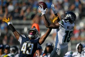 Seattle Seahawks wide receiver Kasen Williams (18) makes a catch over Los Angeles Chargers cornerback Michael Davis (43) during the first half of an NFL preseason football game Sunday, Aug. 13, 2017, in Carson, Calif. (AP Photo/Mark J. Terrill)