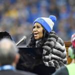 In this Nov. 24, 2016 photo, Aretha Franklin performs the national anthem before an NFL football game between the Detroit Lions and the Minnesota Vikings in Detroit. (AP Photo/Jose Juarez, File)