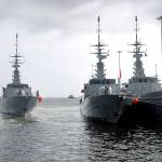 Republic of Singapore Navy&rsquo;s RSS Brave (left) sails off from Tuas naval base on a search and rescue mission for USS John S. McCain&rsquo;s missing sailors on Thursday in Singapore. (AP Photo/Wong Maye-E)