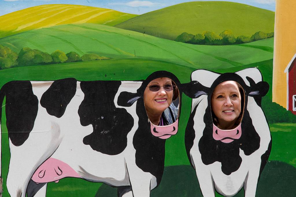 Two fair attendees get their photo taken on opening day of the 2017 Evergreen State Fair on Aug. 24 in Monroe. (Andy Bronson / The Herald)