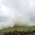 Water crashes along the bay front in Port Lavaca, Texas, on Friday. (Ana Ramirez/The Victoria Advocate via AP)
