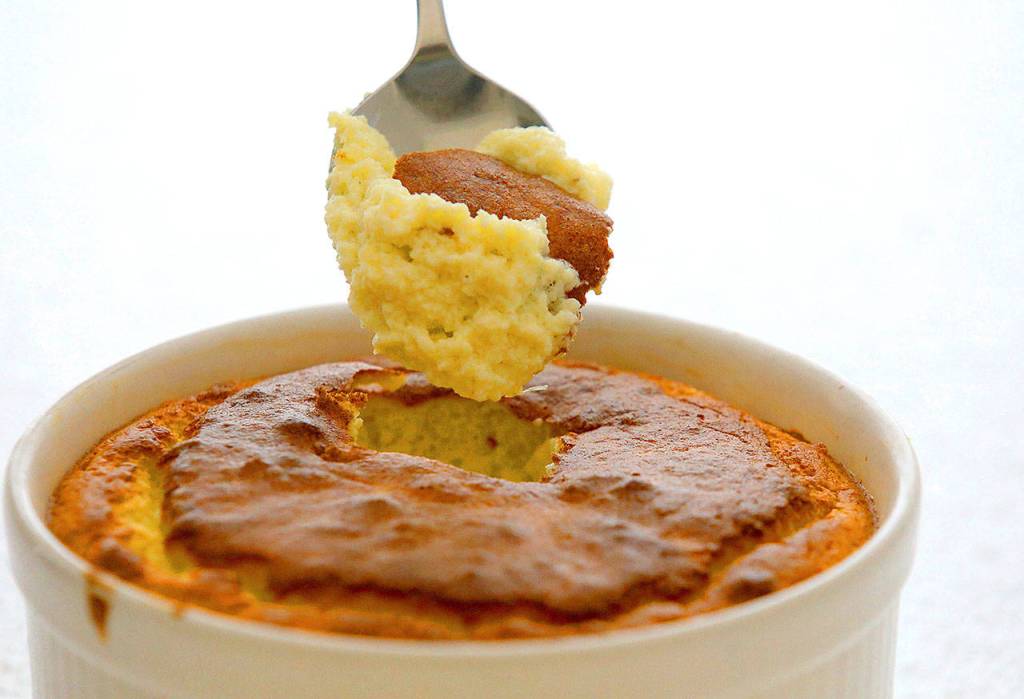 Corn pudding souffle is a savory dish, so there is nothing sweet about it except the corn, which is sweet enough. (Christian Gooden / St. Louis Post-Dispatch)