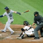 Seattle&rsquo;s Ben Gamel (left) follows through on a three-run home run in the fourth inning of the Mariners&rsquo; 7-6 loss to Baltimore on Monday in Baltimore. Gamel had a career-high five RBI in the loss. (AP Photo/Patrick Semansky)