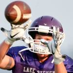 Lake Stevens wide receiver Austin Murren looks to make a reception during drills Aug. 28, 2017, at Lake Stevens High School. (Kevin Clark / The Herald)