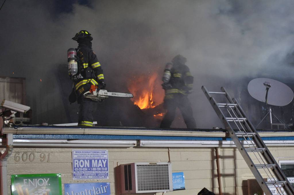 No one was injured in the fire last week at a Lake Stevens restaurant and an attached gas station convenience store. (Snohomish County Fire District 8)