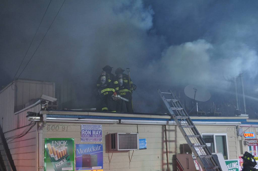 Crews battled a fire at a Lake Stevens restaurant and an attached gas station convenience store for about an hour, according to the fire marshal for Snohomish County Fire District 8. (Snohomish County Fire District 8)
