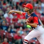 Mike Leake of the St. Louis Cardinals throws a pitch during the first inning of a game against the Tampa Bay Rays on Saturday in St. Louis. (AP Photo/Jeff Roberson)