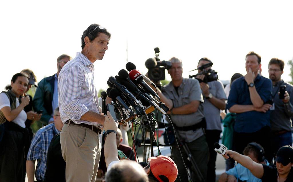 Richard Rennard, president of acrylic monomers, America for Arkema Inc. speaks during a news conference Thursday in Crosby, Texas. (AP Photo/Gregory Bull)