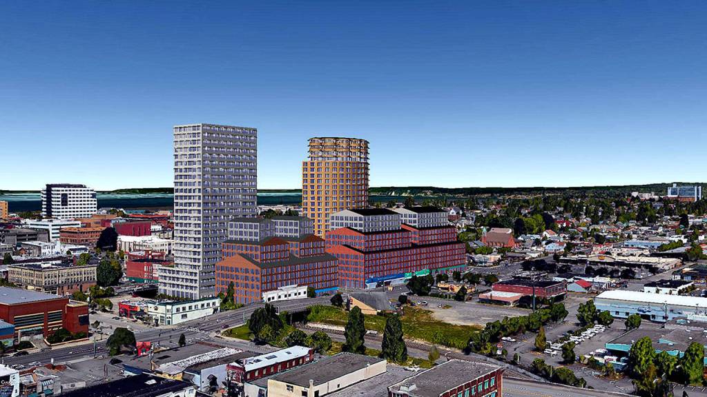 A digital illustration shows taller buildings at the corner of Broadway and California Street that could be possible under a proposed rezoning plan called Metro Everett. (City of Everett)