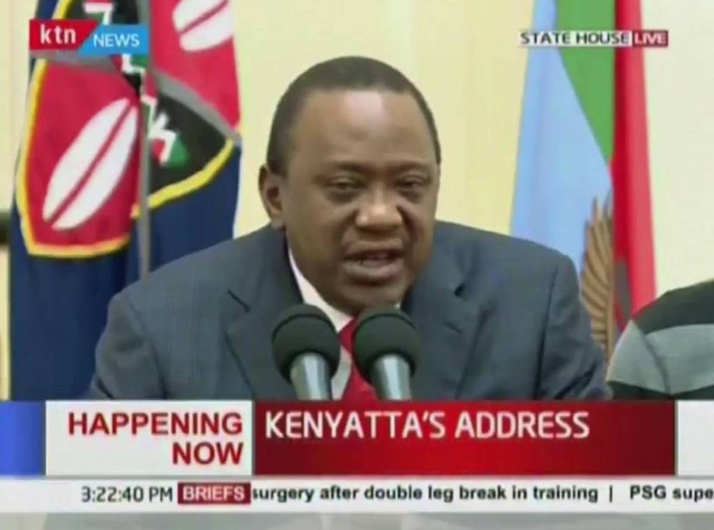 Kenya&rsquo;s President Uhuru Kenyatta speaks to the nation in this image taken from TV on Friday. (Kenya TV pool via AP)