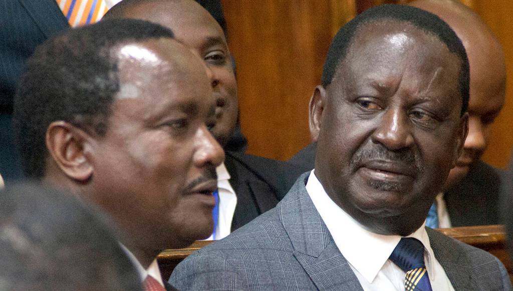 Opposition presidential candidate Raila Odinga (right) and his running mate, Kalonzo Musyoka, sit at the Kenya Supreme Court in Nairobi on Friday. (AP Photo/Sayyid Abdul Azim)