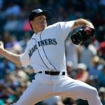 Mariners pitcher Andrew Moore throws against the Red Sox in the first inning of a game July 26, 2017, in Seattle. (AP Photo/Ted S. Warren)