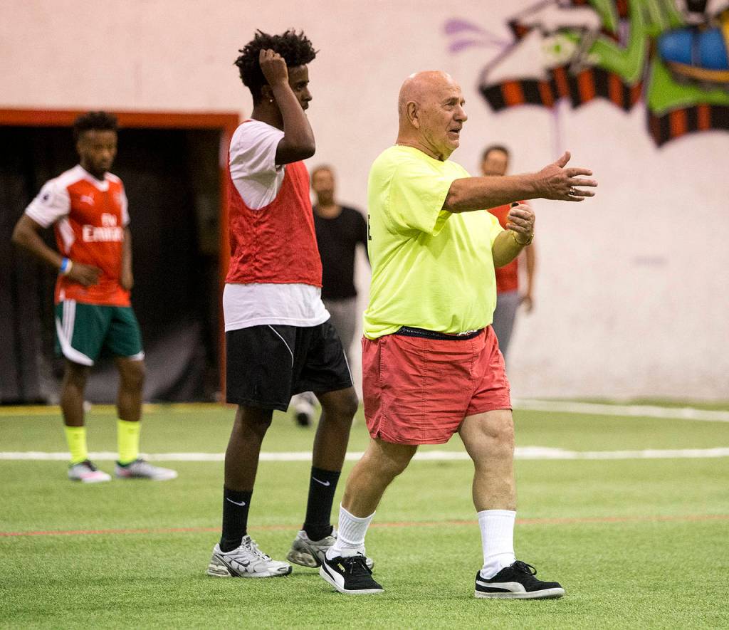 Viorel Ciubuc makes a call during a game at Snohomish Soccer Dome on Tuesday, Aug. 29. (Ian Terry / The Herald)