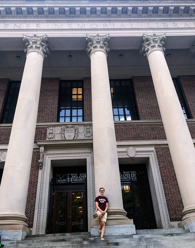 Ethan Medlin, a June graduate of Monroe High School, at the immense Harry Elkins Widener Memorial Library on the Harvard University campus. Medlin just started classes at Harvard. (Courtesy of Ethan Medlin)