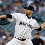 Mariners starter James Paxton throws a pitch during a game against the Angels on Aug. 10, 2017, in Seattle. (AP Photo/Elaine Thompson)
