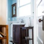 A remodeled first floor bathroom has Scandinavian blue and white tones. (Ian Terry / The Herald)