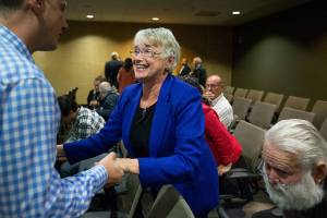 Sultan Mayor Carolyn Eslick is congratulated after she is appointed to fill a vacancy in the state&rsquo;s House of Representatives at the Snohomish County Council Chambers on Wednesday in Everett. Eslick fills the position created by the resignation of Arlington Republican John Koster. (Andy Bronson / The Herald)