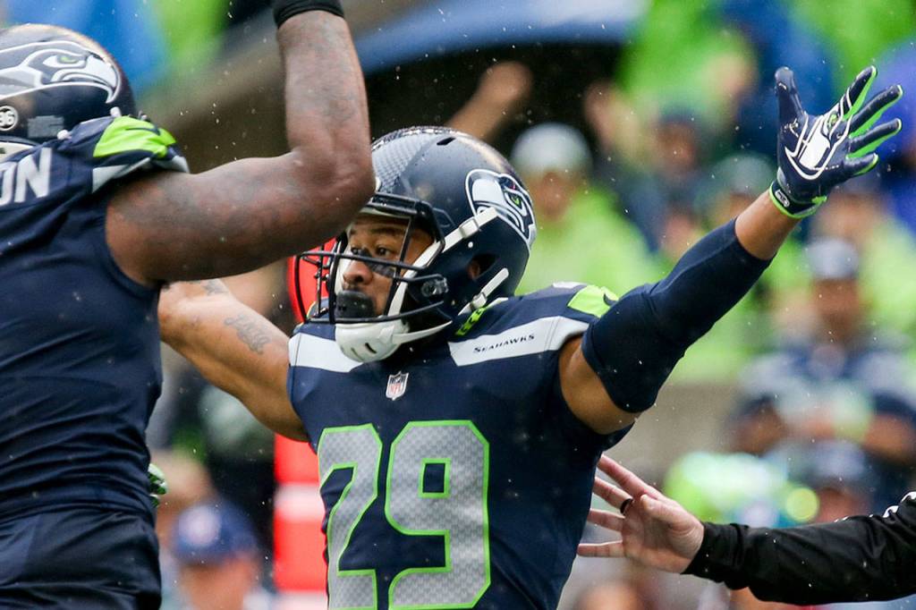 Seahawks safety Earl Thomas celebrates a sack on 49ers quarterback Brian Hoyer on the 1 yard line Sunday afternoon at CenturyLink Field in Seattle on September 17, 2017. Seahawks defeated the 49ers, 12-9. (Kevin Clark / The Herald)